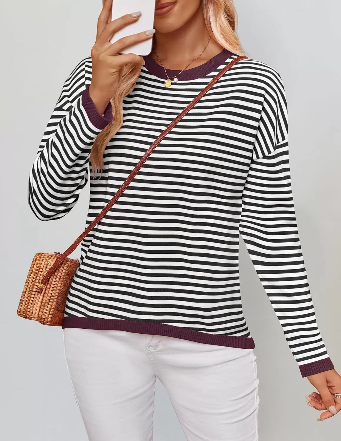 imageZESICA Womens 2024 Fall Striped Sweaters Long Sleeve Crew Neck Shirts Color Block Lightweight Pullover TopsDim