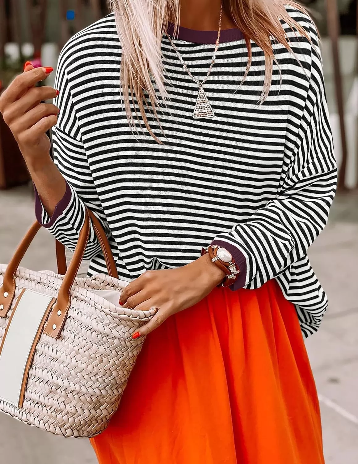 imageZESICA Womens 2024 Fall Striped Sweaters Long Sleeve Crew Neck Shirts Color Block Lightweight Pullover TopsDim