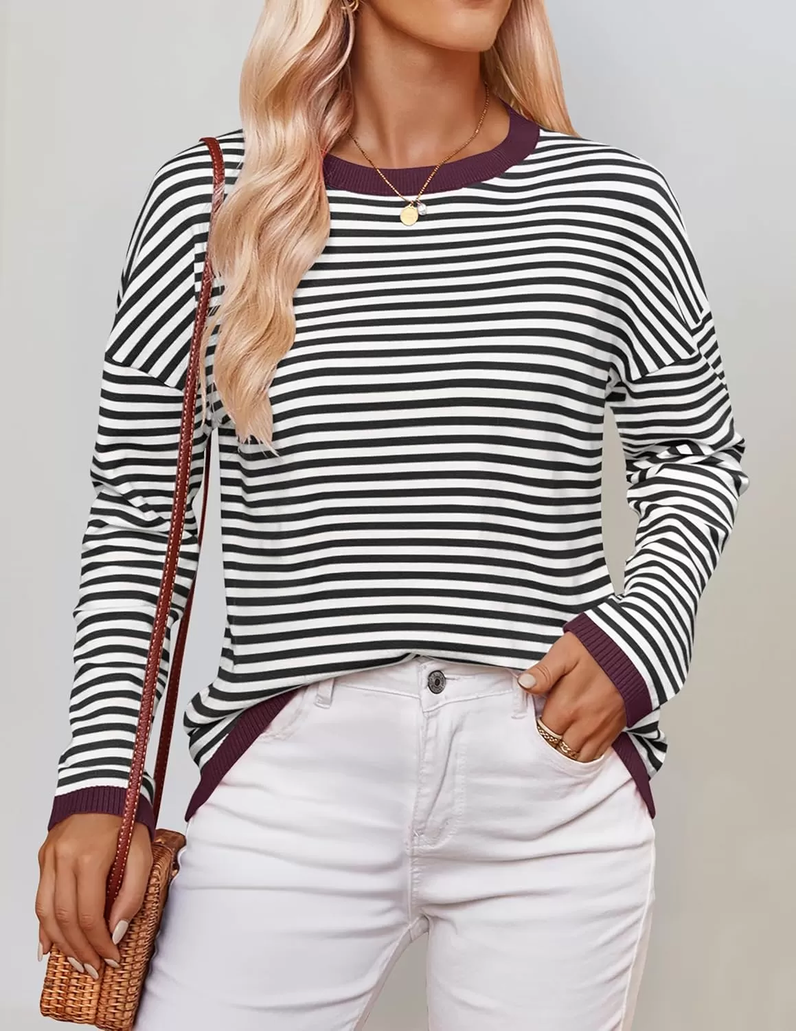 imageZESICA Womens 2024 Fall Striped Sweaters Long Sleeve Crew Neck Shirts Color Block Lightweight Pullover TopsDim