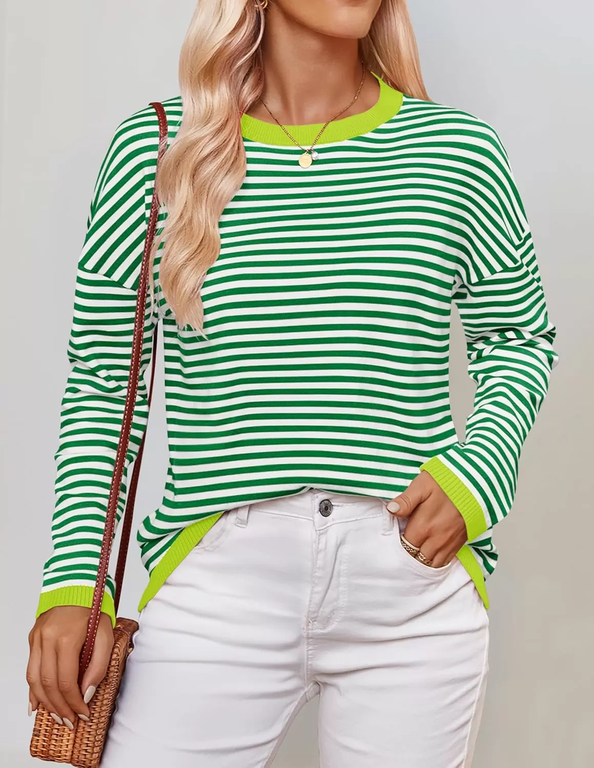 imageZESICA Womens 2024 Fall Striped Sweaters Long Sleeve Crew Neck Shirts Color Block Lightweight Pullover TopsGrass