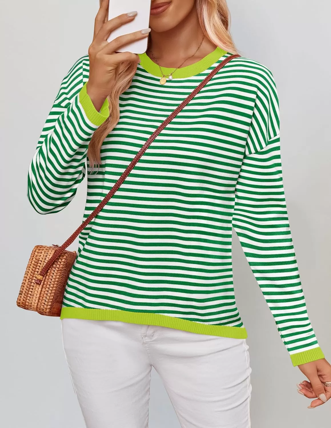 imageZESICA Womens 2024 Fall Striped Sweaters Long Sleeve Crew Neck Shirts Color Block Lightweight Pullover TopsGrass