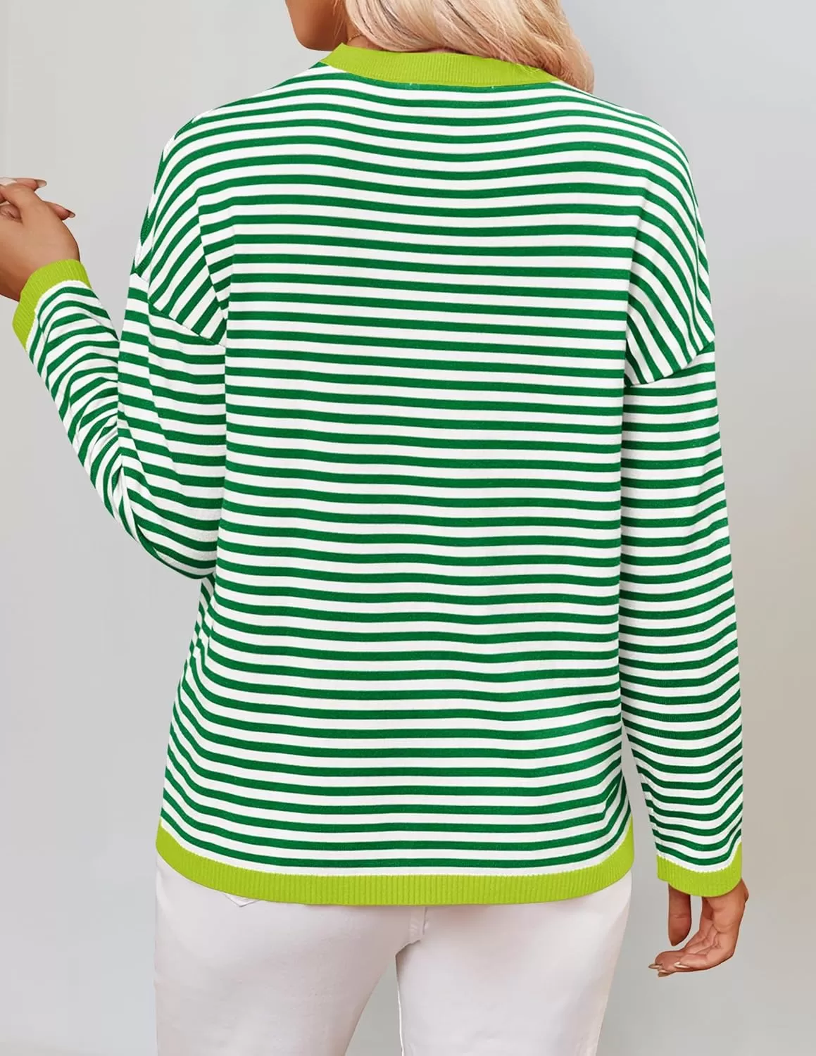 imageZESICA Womens 2024 Fall Striped Sweaters Long Sleeve Crew Neck Shirts Color Block Lightweight Pullover TopsGrass