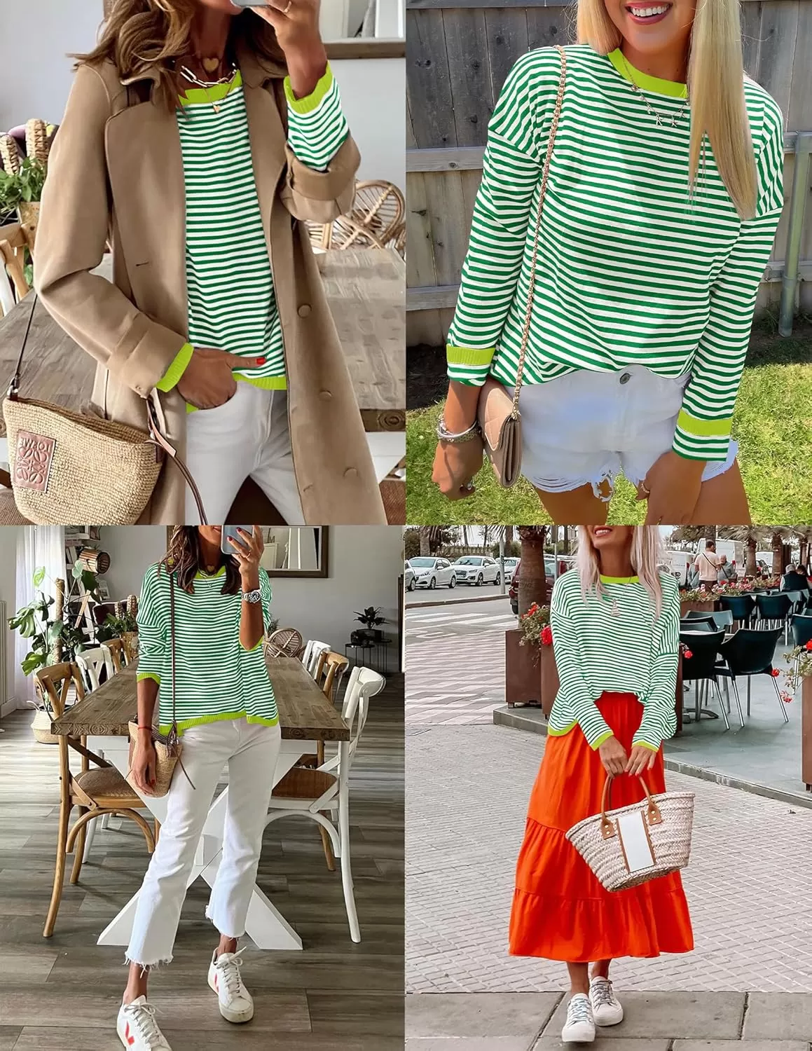 imageZESICA Womens 2024 Fall Striped Sweaters Long Sleeve Crew Neck Shirts Color Block Lightweight Pullover TopsGrass
