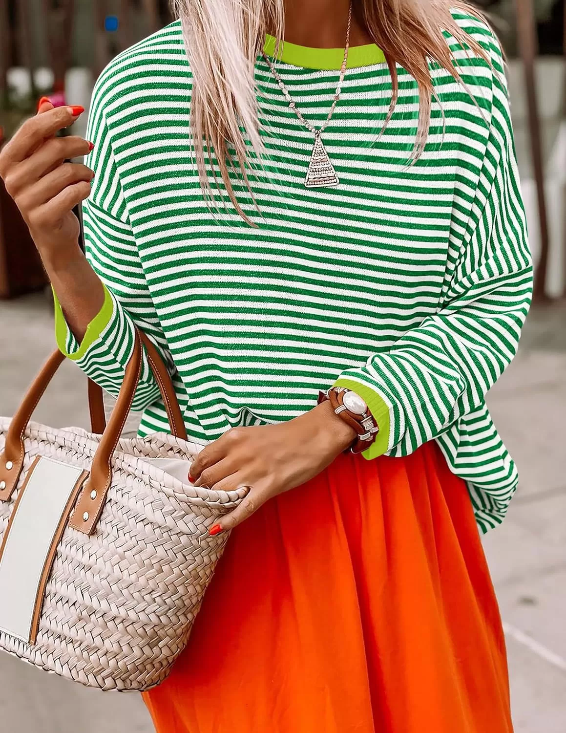 imageZESICA Womens 2024 Fall Striped Sweaters Long Sleeve Crew Neck Shirts Color Block Lightweight Pullover TopsGrass