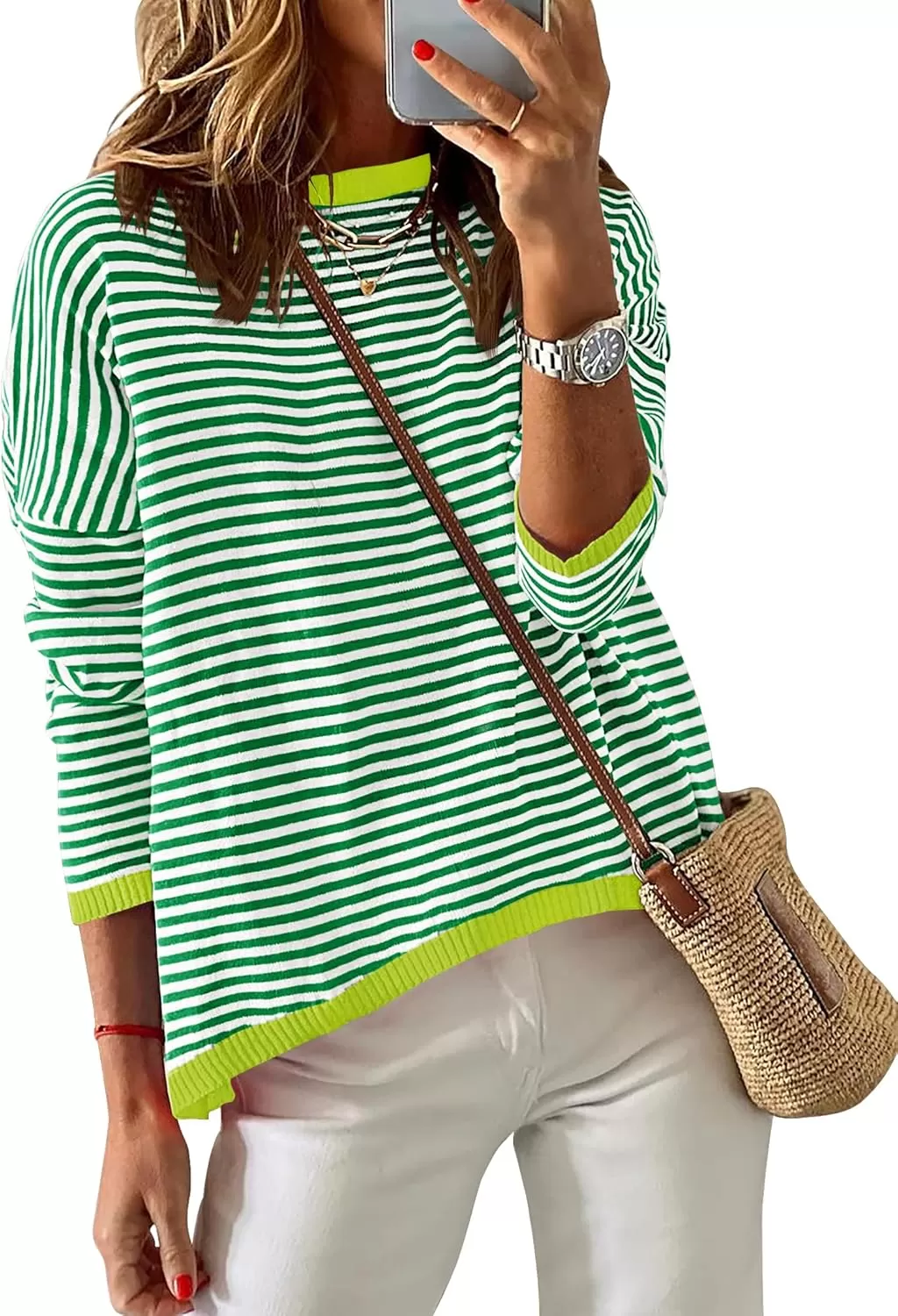imageZESICA Womens 2024 Fall Striped Sweaters Long Sleeve Crew Neck Shirts Color Block Lightweight Pullover TopsGrass