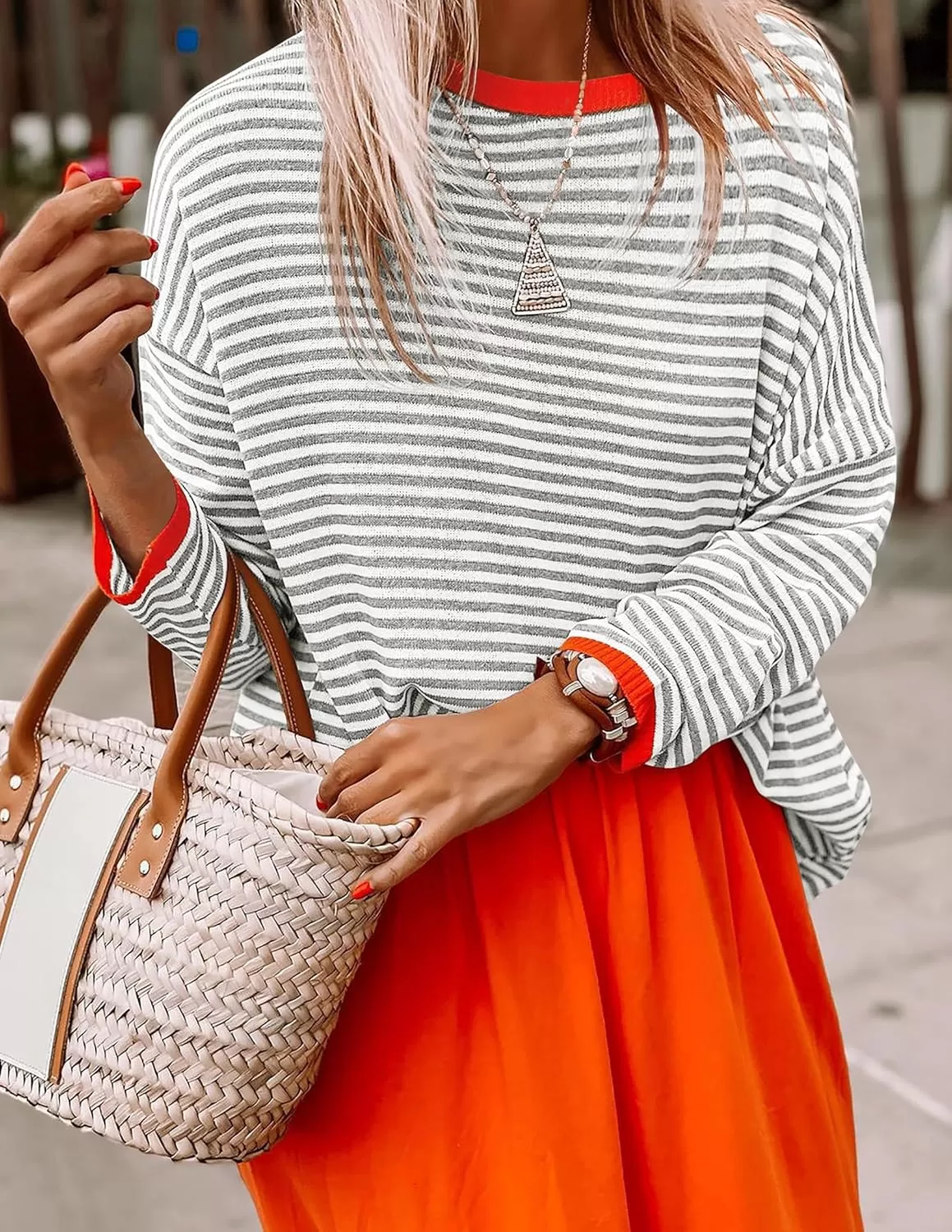 imageZESICA Womens 2024 Fall Striped Sweaters Long Sleeve Crew Neck Shirts Color Block Lightweight Pullover TopsGrey