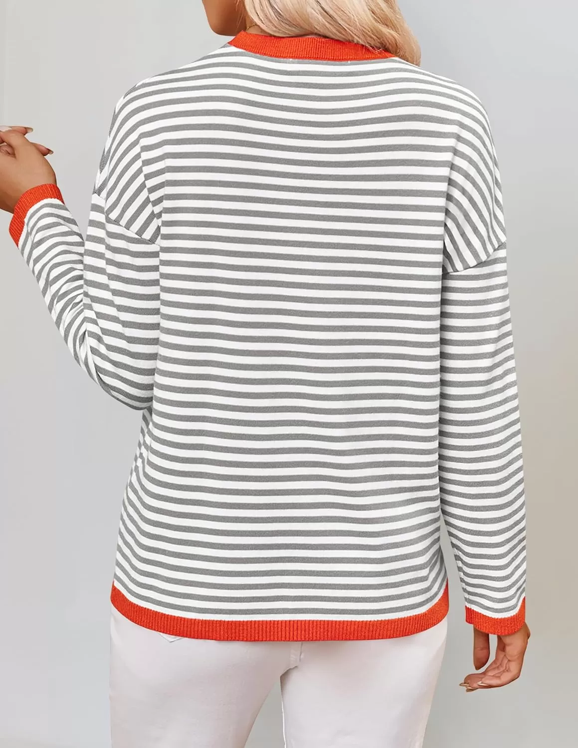 imageZESICA Womens 2024 Fall Striped Sweaters Long Sleeve Crew Neck Shirts Color Block Lightweight Pullover TopsGrey