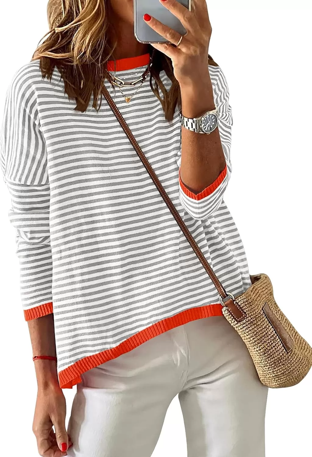 imageZESICA Womens 2024 Fall Striped Sweaters Long Sleeve Crew Neck Shirts Color Block Lightweight Pullover TopsGrey