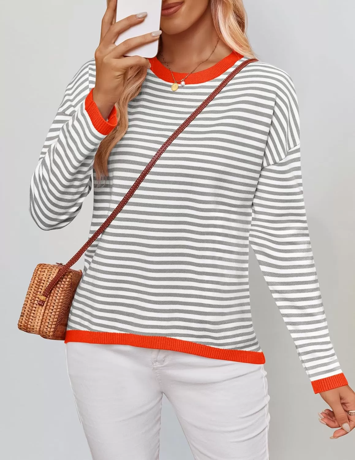 imageZESICA Womens 2024 Fall Striped Sweaters Long Sleeve Crew Neck Shirts Color Block Lightweight Pullover TopsGrey