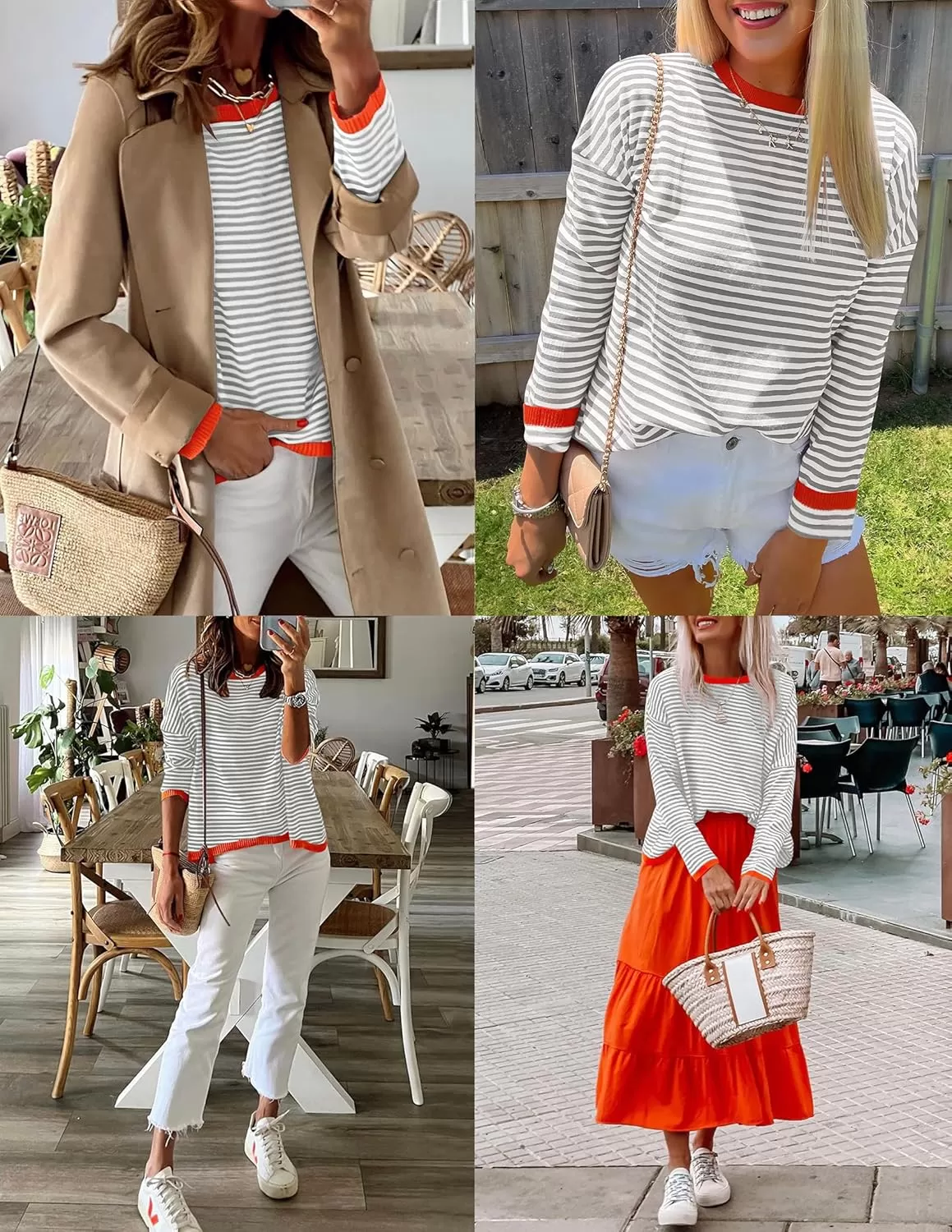 imageZESICA Womens 2024 Fall Striped Sweaters Long Sleeve Crew Neck Shirts Color Block Lightweight Pullover TopsGrey