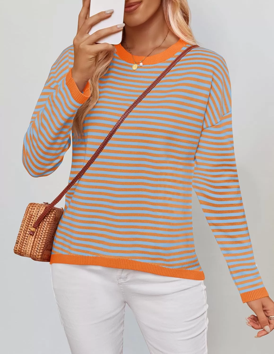 imageZESICA Womens 2024 Fall Striped Sweaters Long Sleeve Crew Neck Shirts Color Block Lightweight Pullover TopsLavender