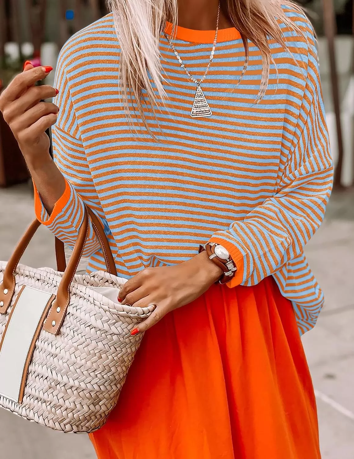 imageZESICA Womens 2024 Fall Striped Sweaters Long Sleeve Crew Neck Shirts Color Block Lightweight Pullover TopsLavender