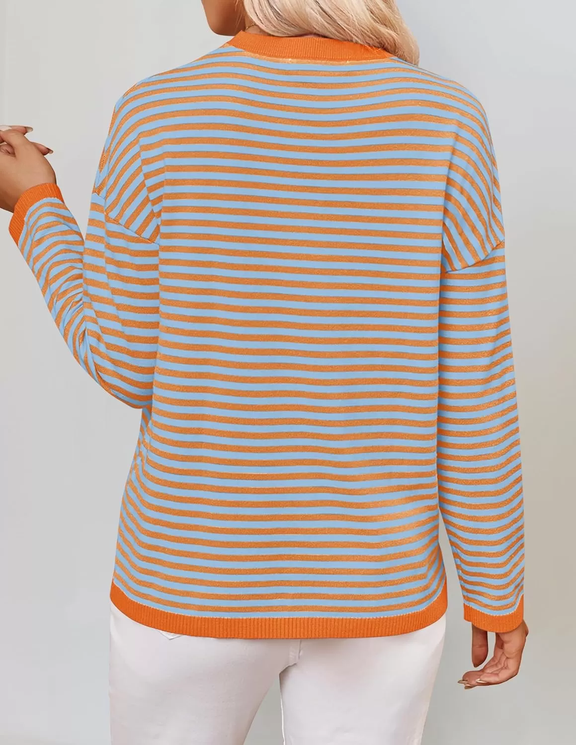imageZESICA Womens 2024 Fall Striped Sweaters Long Sleeve Crew Neck Shirts Color Block Lightweight Pullover TopsLavender