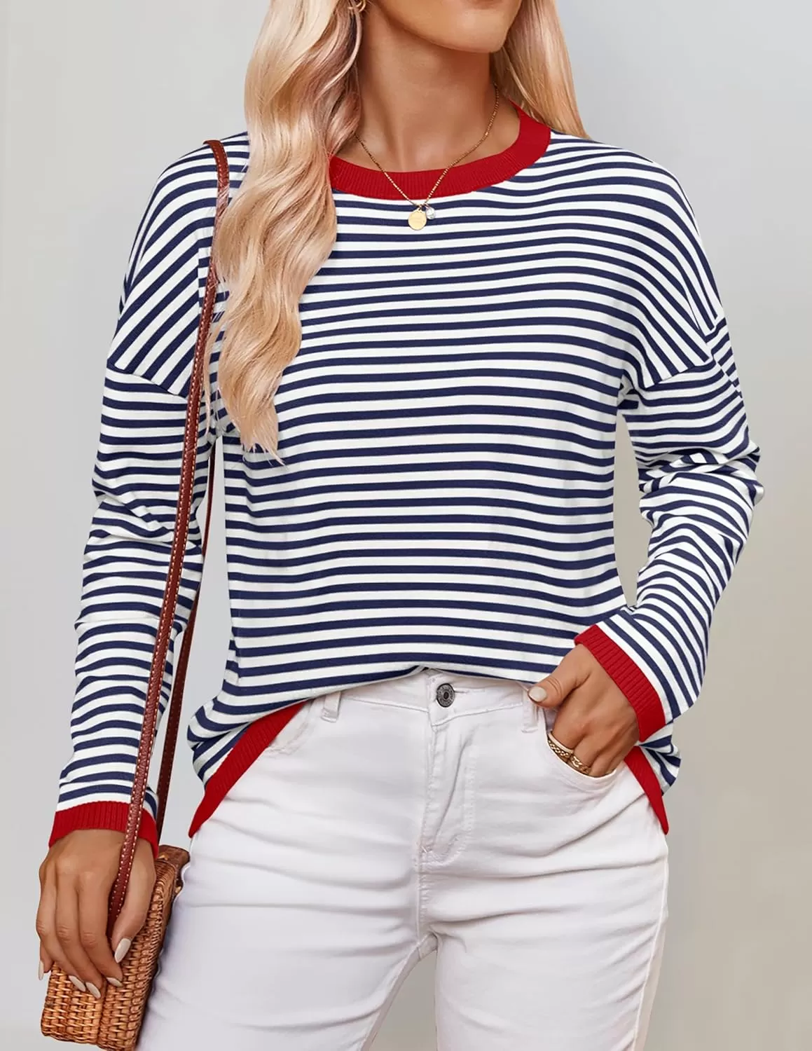 imageZESICA Womens 2024 Fall Striped Sweaters Long Sleeve Crew Neck Shirts Color Block Lightweight Pullover TopsNavy