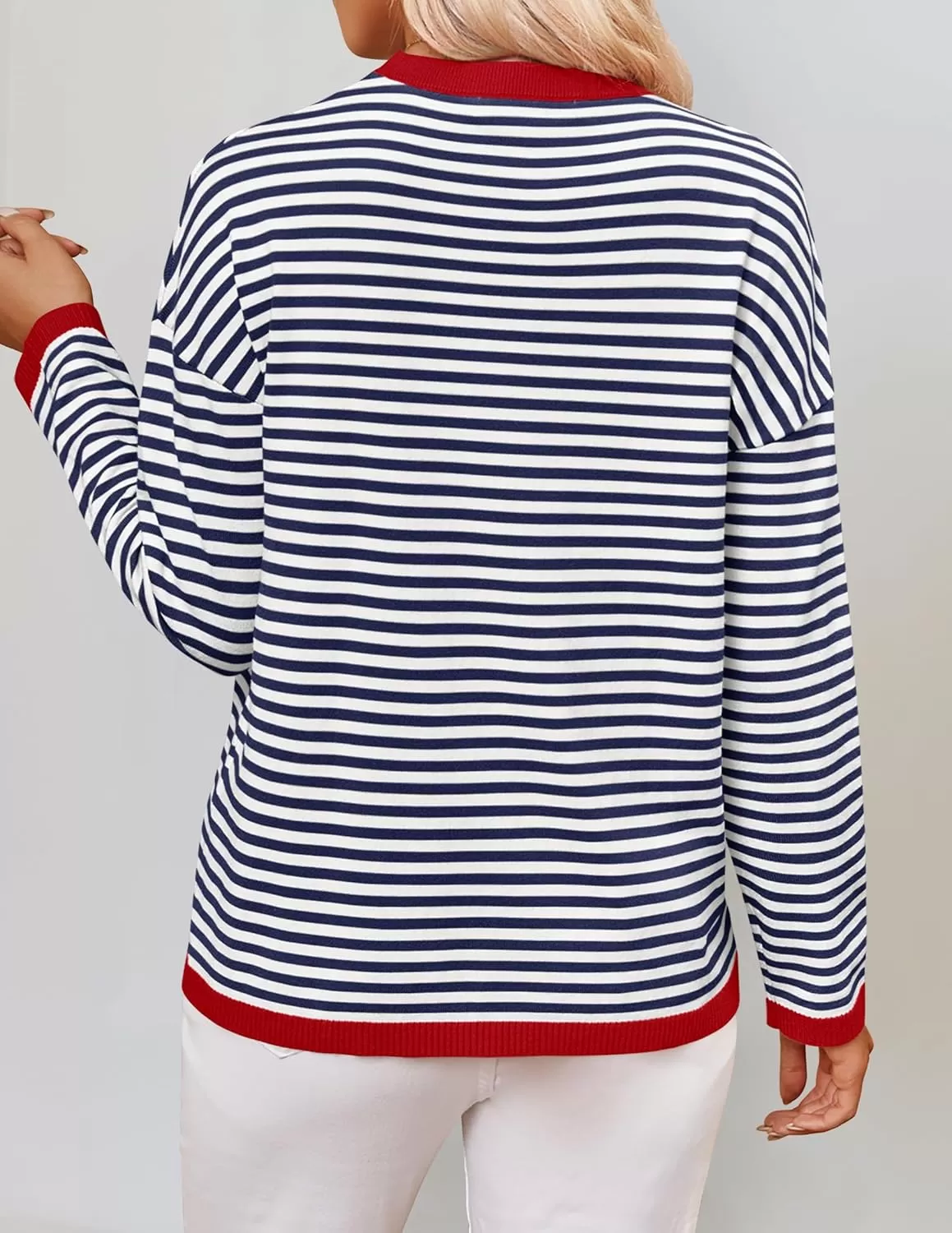 imageZESICA Womens 2024 Fall Striped Sweaters Long Sleeve Crew Neck Shirts Color Block Lightweight Pullover TopsNavy
