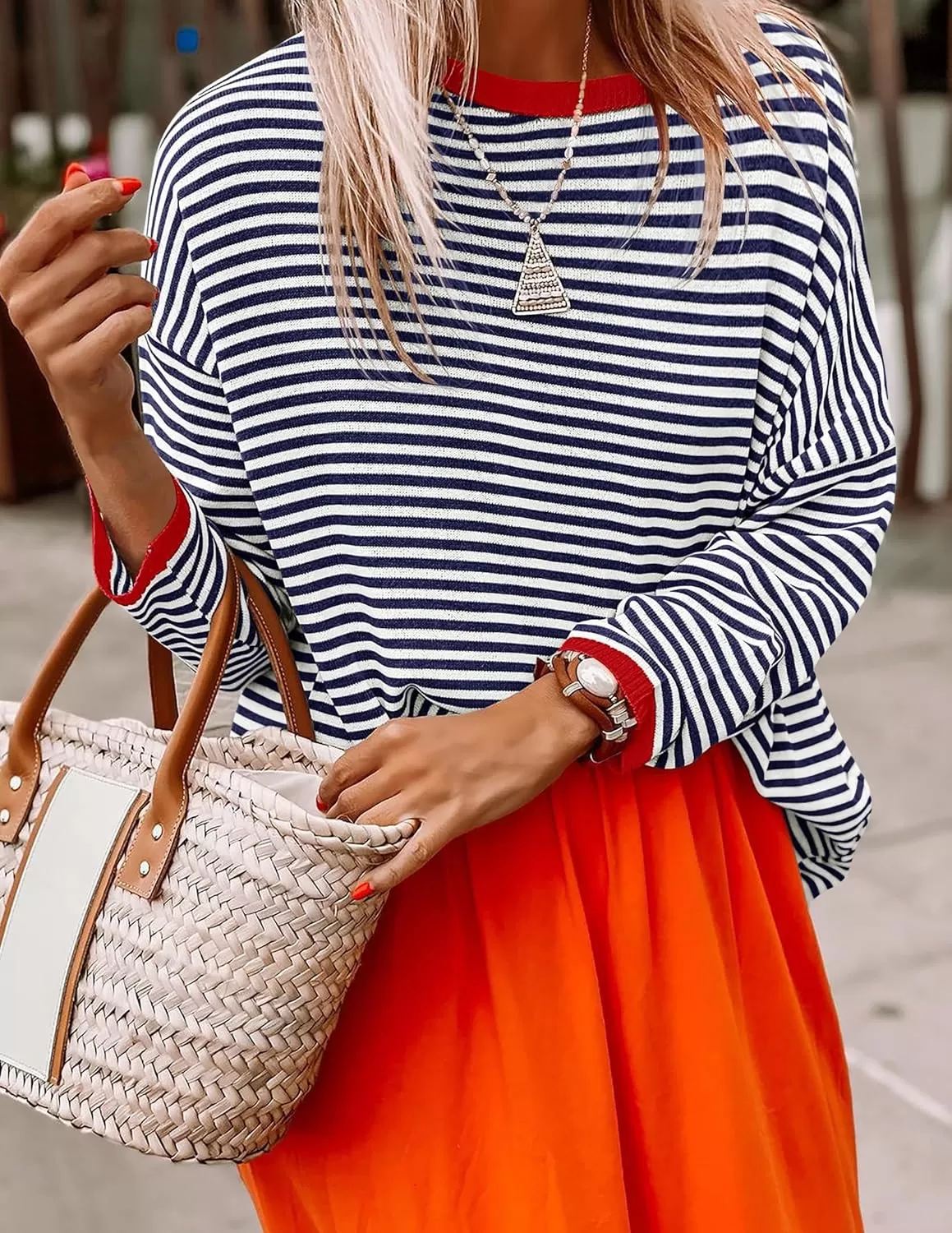 imageZESICA Womens 2024 Fall Striped Sweaters Long Sleeve Crew Neck Shirts Color Block Lightweight Pullover TopsNavy