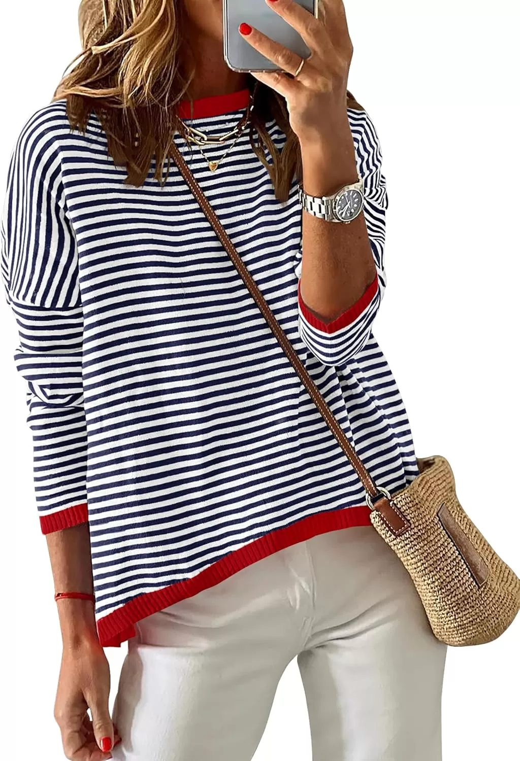 imageZESICA Womens 2024 Fall Striped Sweaters Long Sleeve Crew Neck Shirts Color Block Lightweight Pullover TopsNavy