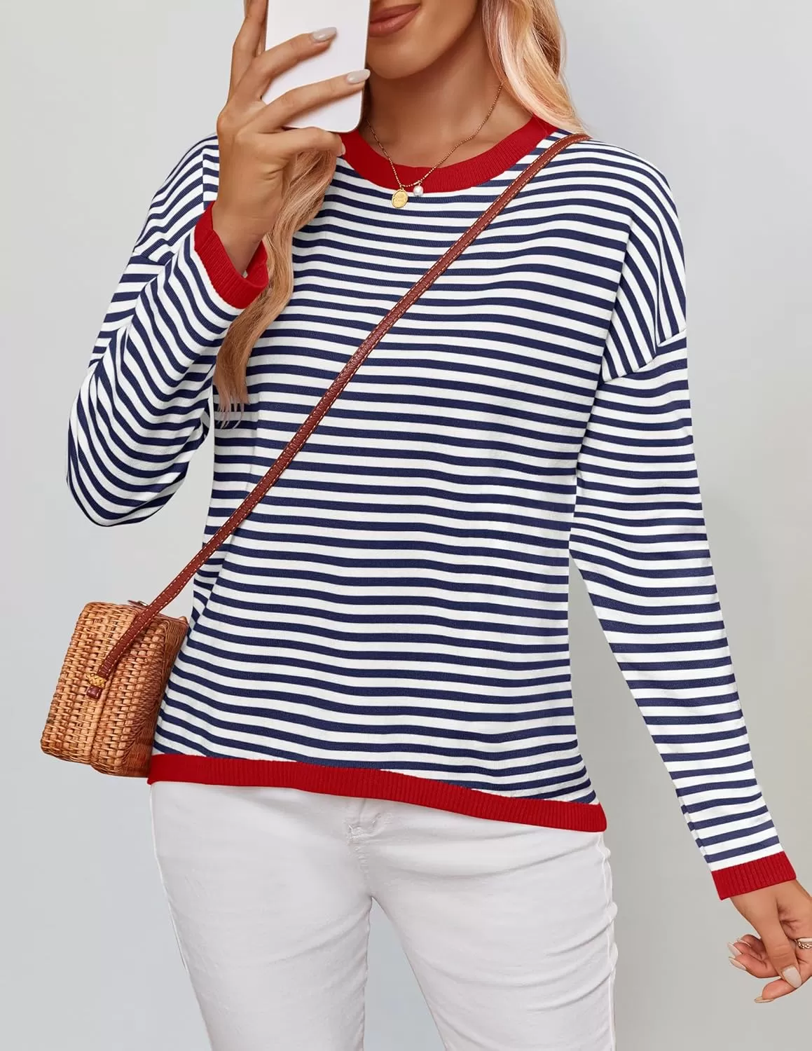 imageZESICA Womens 2024 Fall Striped Sweaters Long Sleeve Crew Neck Shirts Color Block Lightweight Pullover TopsNavy