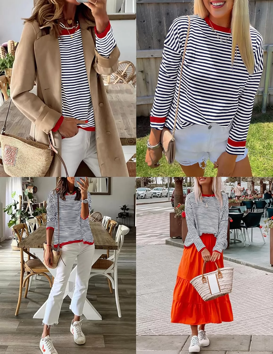 imageZESICA Womens 2024 Fall Striped Sweaters Long Sleeve Crew Neck Shirts Color Block Lightweight Pullover TopsNavy