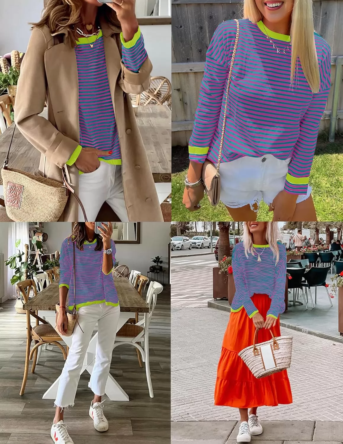 imageZESICA Womens 2024 Fall Striped Sweaters Long Sleeve Crew Neck Shirts Color Block Lightweight Pullover TopsPinkgreen