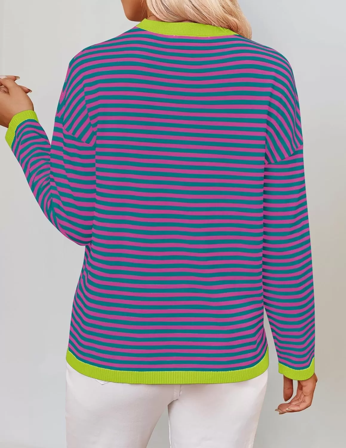 imageZESICA Womens 2024 Fall Striped Sweaters Long Sleeve Crew Neck Shirts Color Block Lightweight Pullover TopsPinkgreen