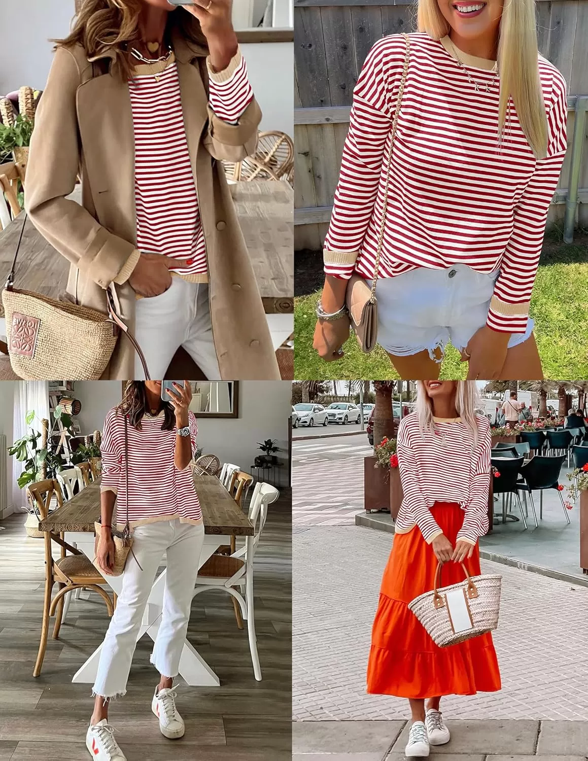 imageZESICA Womens 2024 Fall Striped Sweaters Long Sleeve Crew Neck Shirts Color Block Lightweight Pullover TopsRed