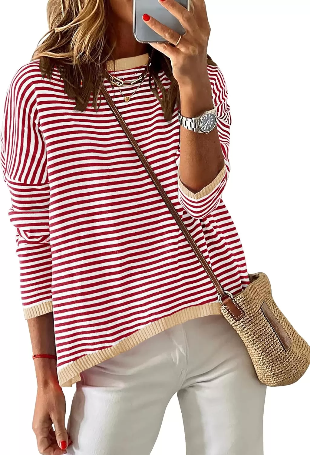 imageZESICA Womens 2024 Fall Striped Sweaters Long Sleeve Crew Neck Shirts Color Block Lightweight Pullover TopsRed