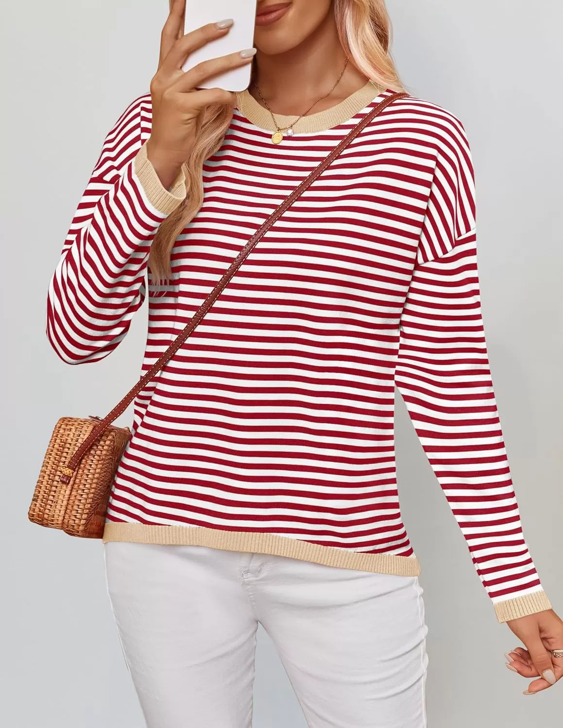 imageZESICA Womens 2024 Fall Striped Sweaters Long Sleeve Crew Neck Shirts Color Block Lightweight Pullover TopsRed
