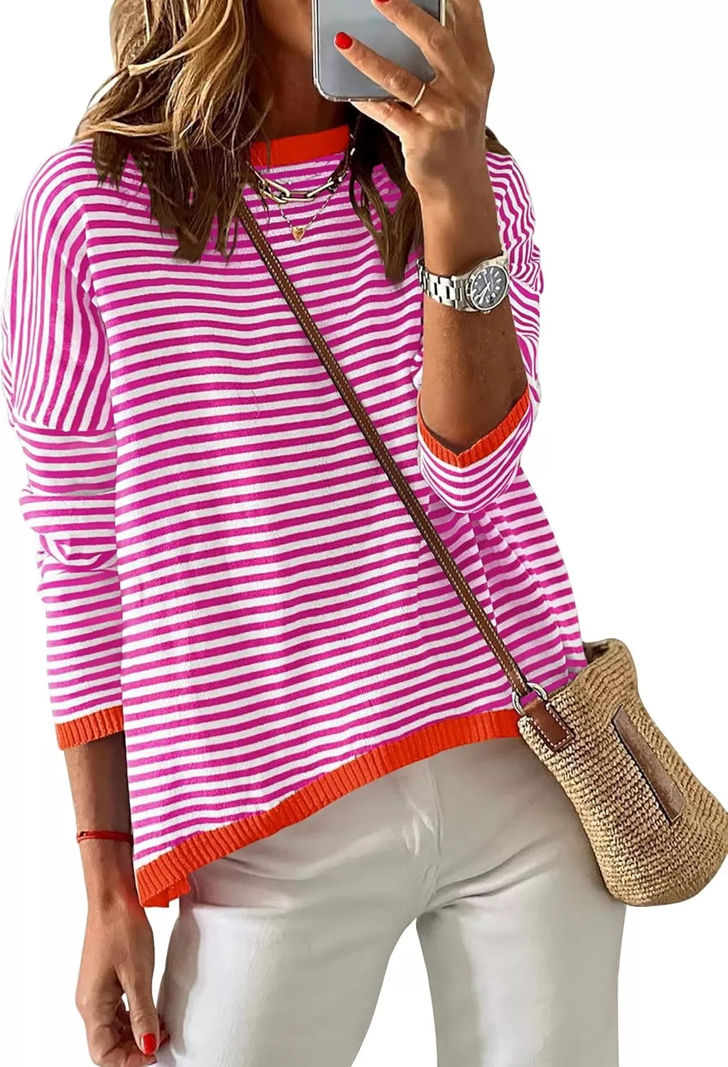 imageZESICA Womens 2024 Fall Striped Sweaters Long Sleeve Crew Neck Shirts Color Block Lightweight Pullover TopsRose