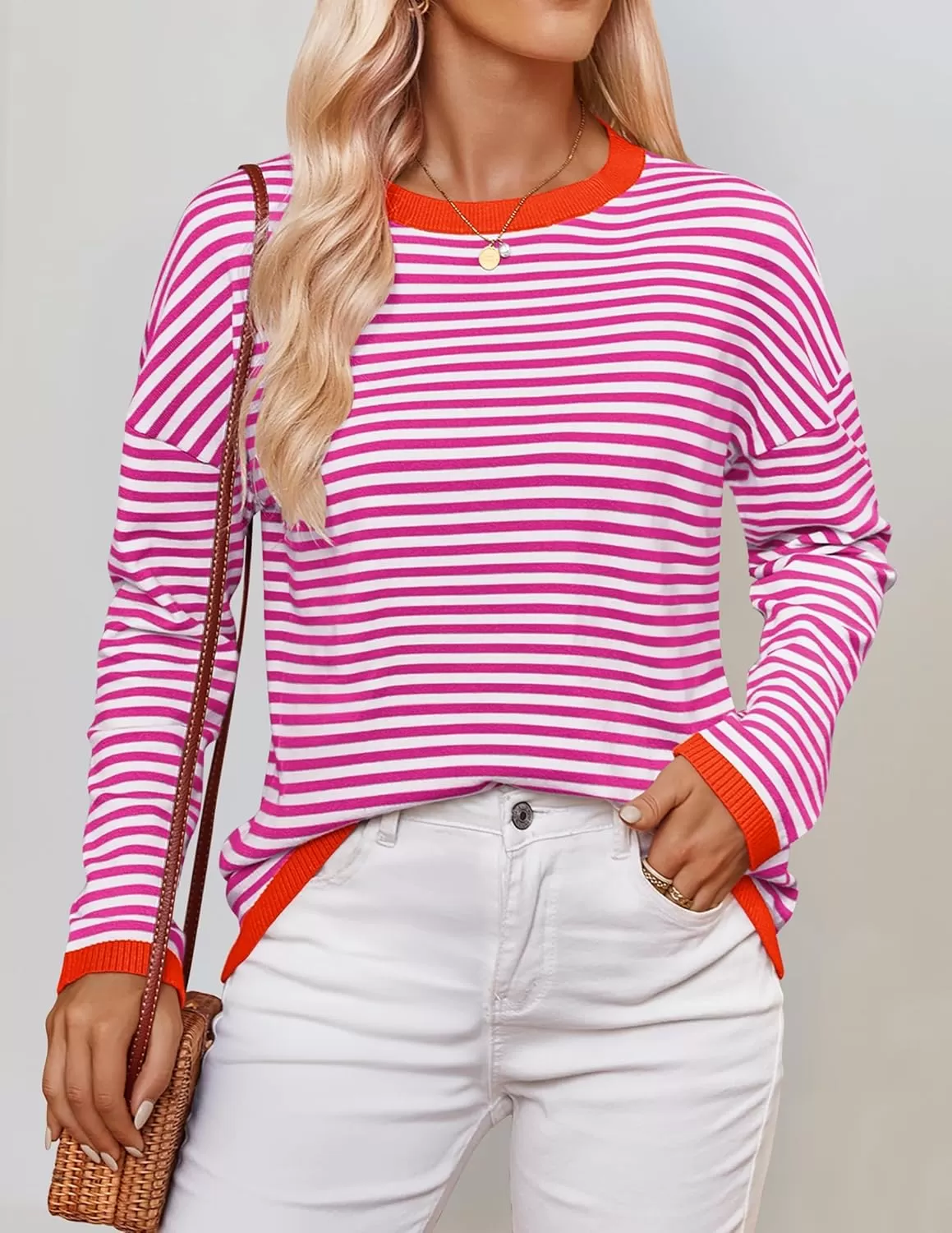 imageZESICA Womens 2024 Fall Striped Sweaters Long Sleeve Crew Neck Shirts Color Block Lightweight Pullover TopsRose