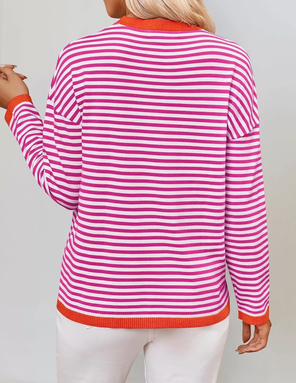 imageZESICA Womens 2024 Fall Striped Sweaters Long Sleeve Crew Neck Shirts Color Block Lightweight Pullover TopsRose