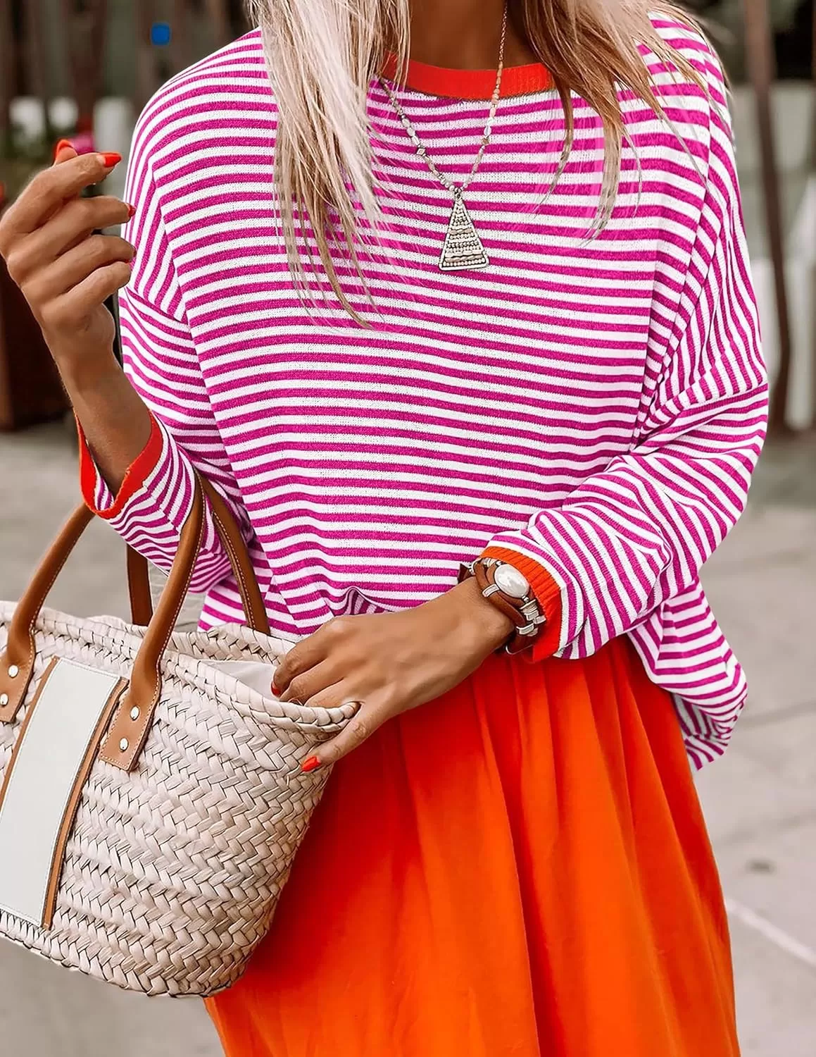 imageZESICA Womens 2024 Fall Striped Sweaters Long Sleeve Crew Neck Shirts Color Block Lightweight Pullover TopsRose
