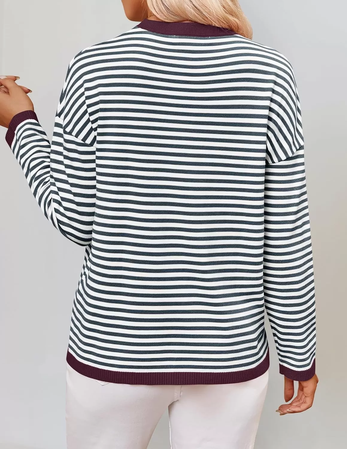 imageZESICA Womens 2024 Fall Striped Sweaters Long Sleeve Crew Neck Shirts Color Block Lightweight Pullover TopsSmokeblue