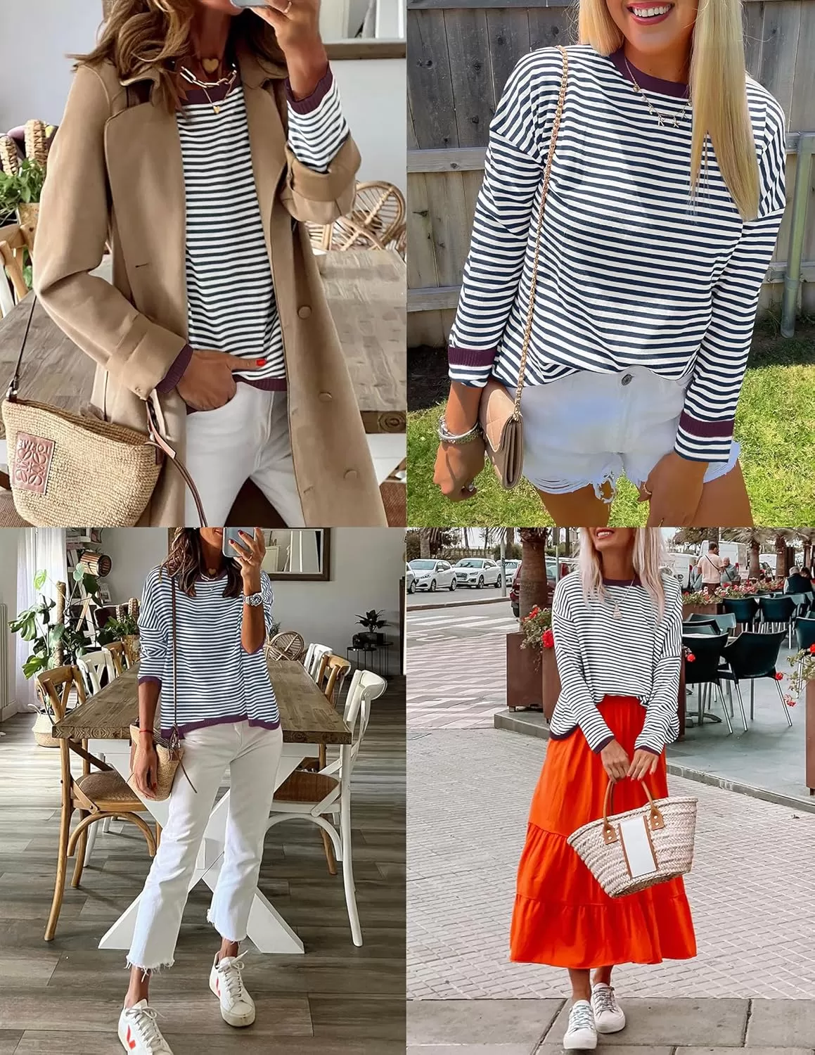 imageZESICA Womens 2024 Fall Striped Sweaters Long Sleeve Crew Neck Shirts Color Block Lightweight Pullover TopsSmokeblue