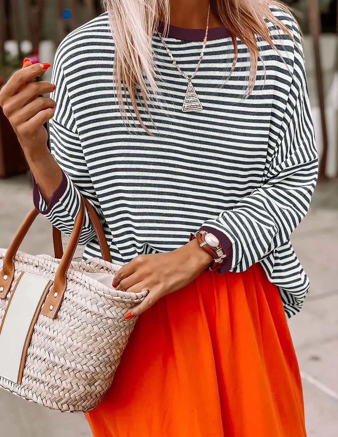 imageZESICA Womens 2024 Fall Striped Sweaters Long Sleeve Crew Neck Shirts Color Block Lightweight Pullover TopsSmokeblue