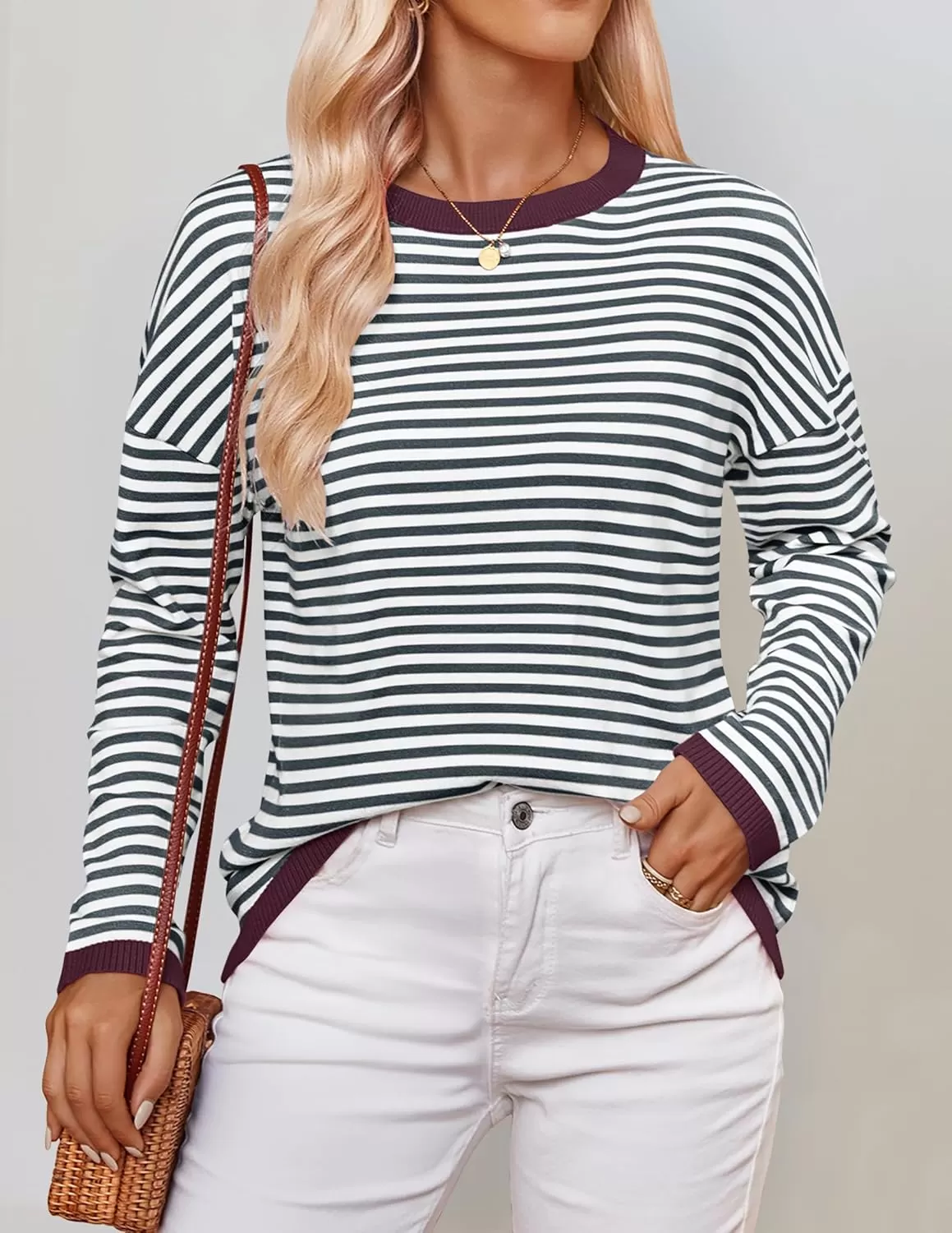 imageZESICA Womens 2024 Fall Striped Sweaters Long Sleeve Crew Neck Shirts Color Block Lightweight Pullover TopsSmokeblue