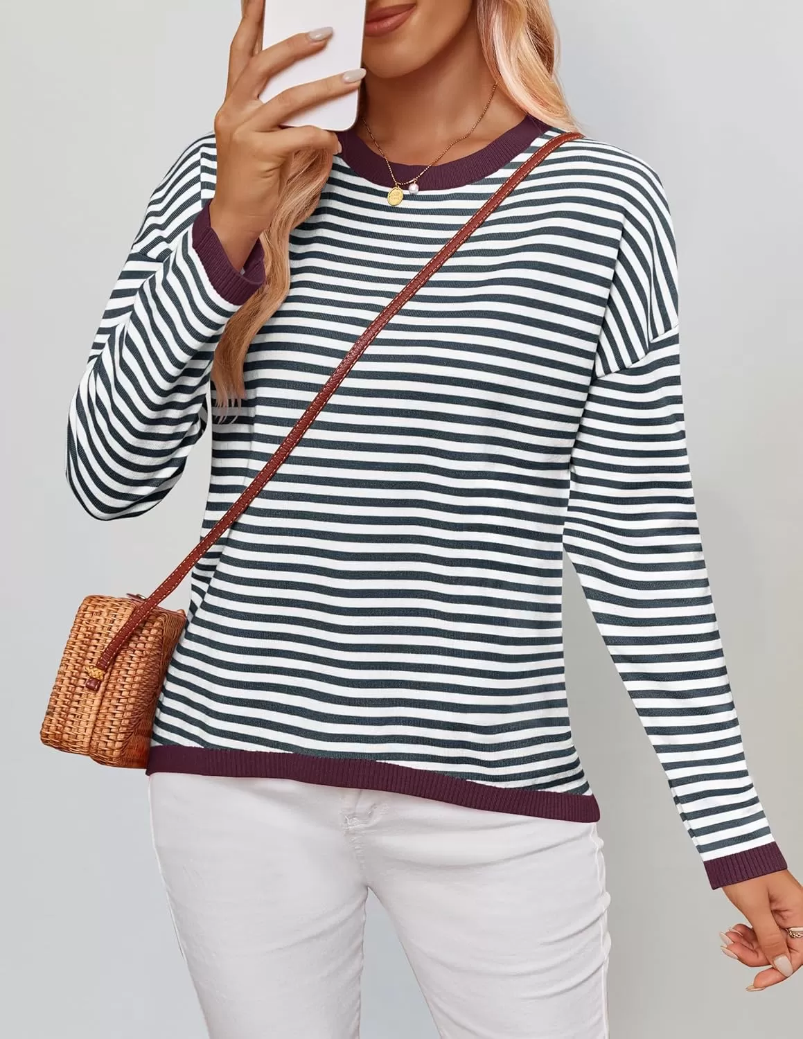imageZESICA Womens 2024 Fall Striped Sweaters Long Sleeve Crew Neck Shirts Color Block Lightweight Pullover TopsSmokeblue