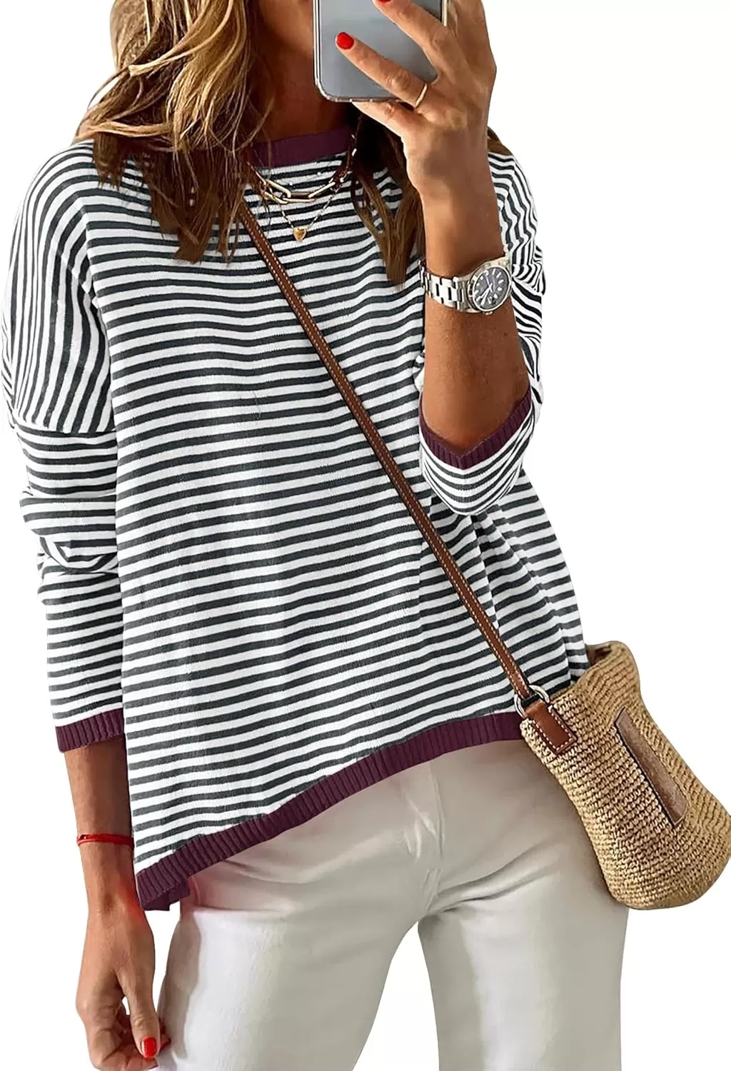 imageZESICA Womens 2024 Fall Striped Sweaters Long Sleeve Crew Neck Shirts Color Block Lightweight Pullover TopsSmokeblue