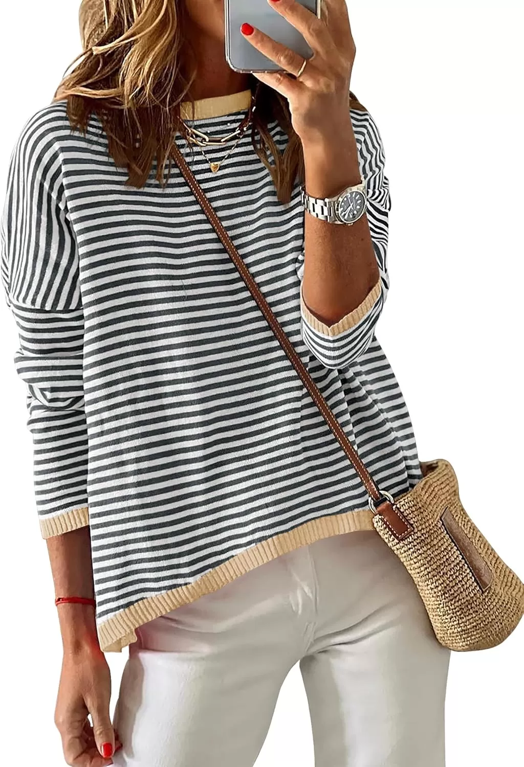 imageZESICA Womens 2024 Fall Striped Sweaters Long Sleeve Crew Neck Shirts Color Block Lightweight Pullover TopsStripe Grey
