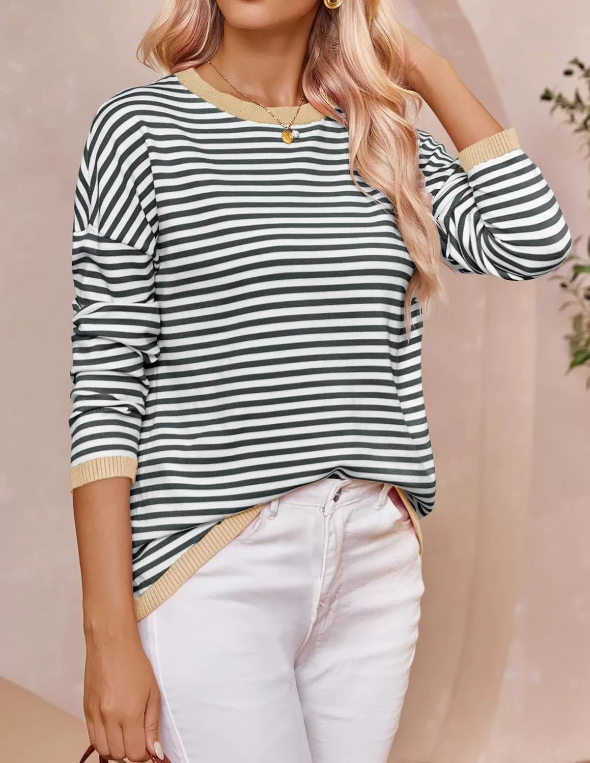 imageZESICA Womens 2024 Fall Striped Sweaters Long Sleeve Crew Neck Shirts Color Block Lightweight Pullover TopsStripe Grey