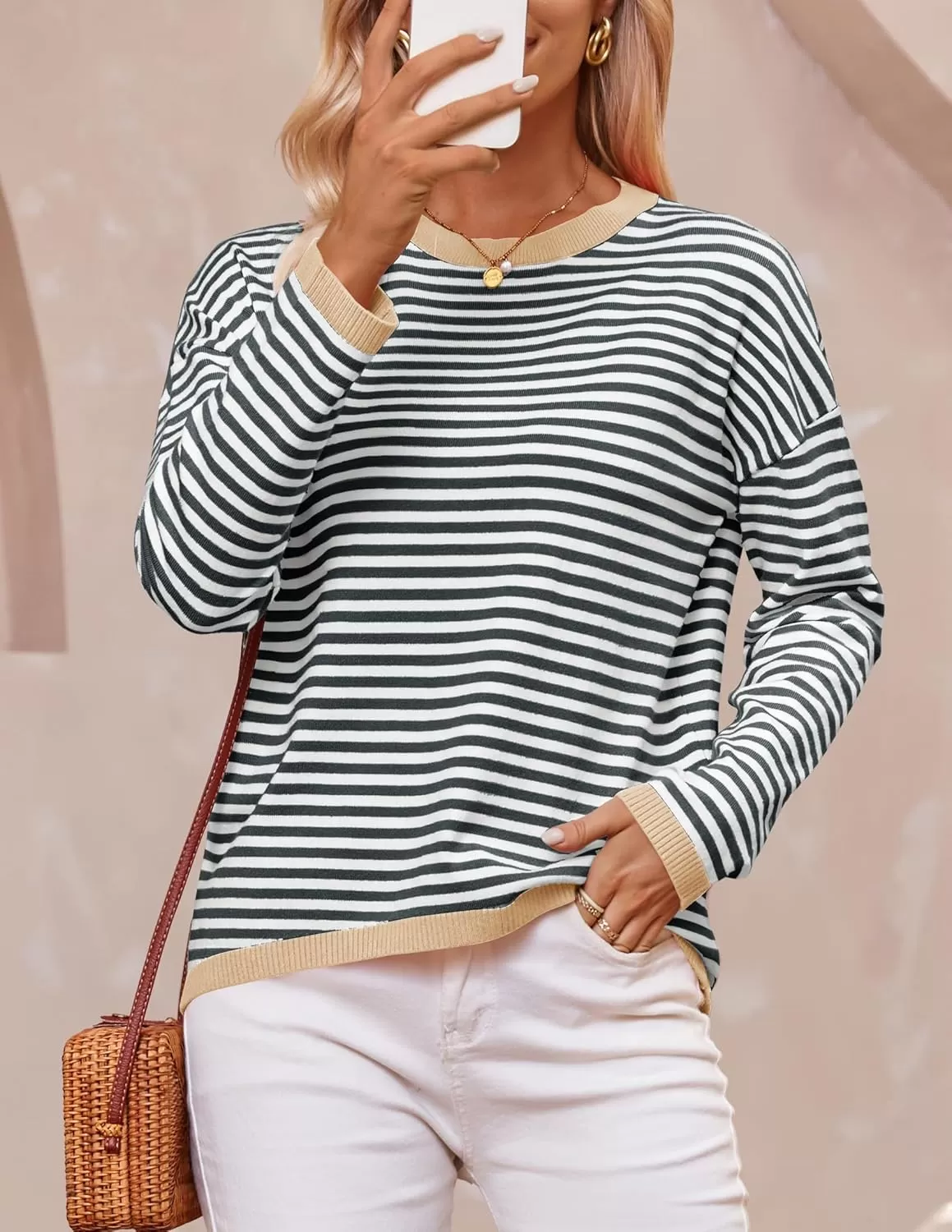 imageZESICA Womens 2024 Fall Striped Sweaters Long Sleeve Crew Neck Shirts Color Block Lightweight Pullover TopsStripe Grey