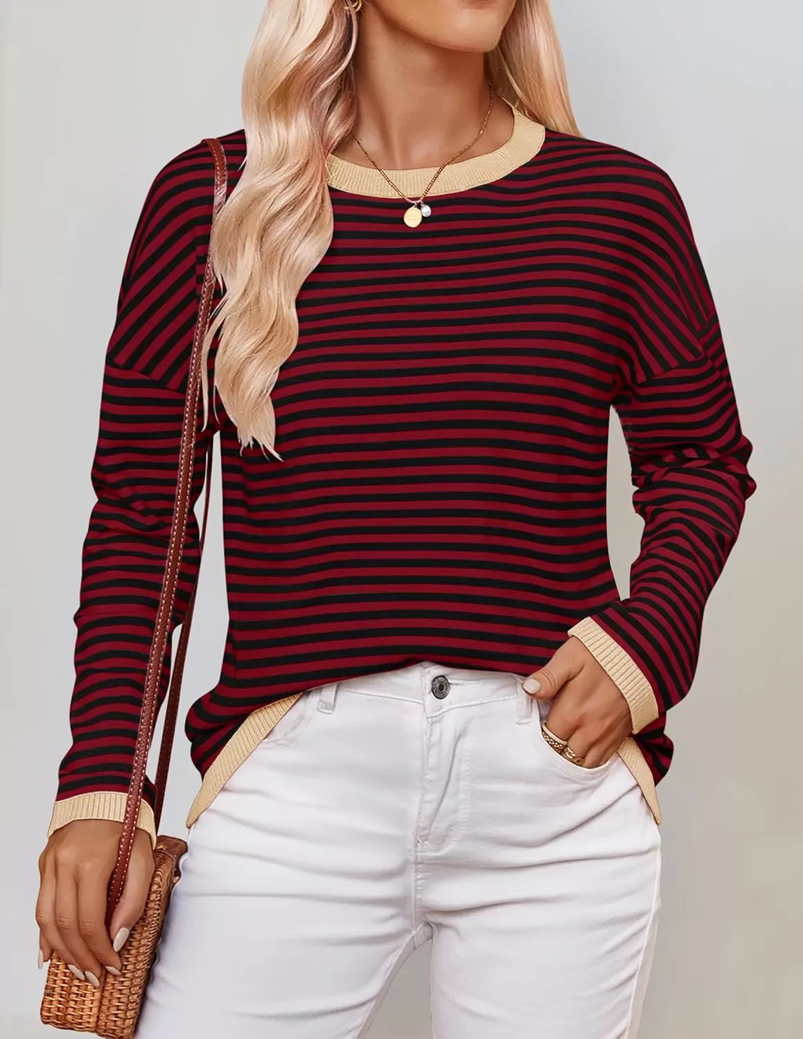 imageZESICA Womens 2024 Fall Striped Sweaters Long Sleeve Crew Neck Shirts Color Block Lightweight Pullover TopsWineblack