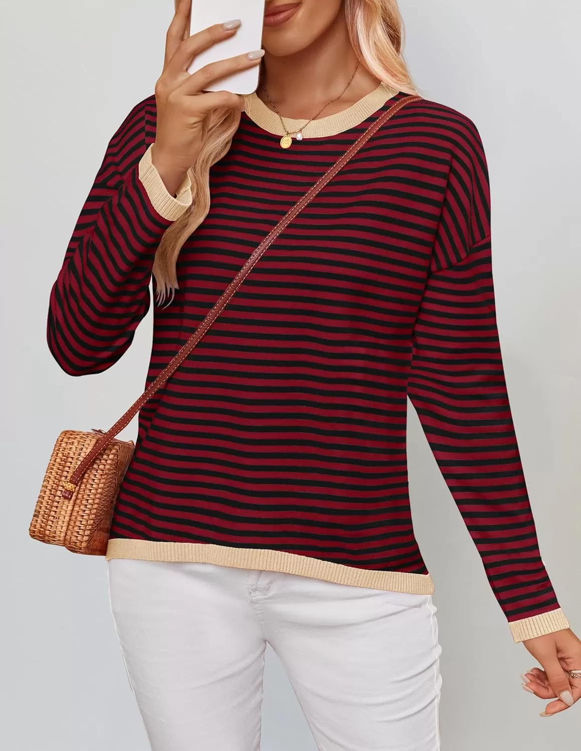 imageZESICA Womens 2024 Fall Striped Sweaters Long Sleeve Crew Neck Shirts Color Block Lightweight Pullover TopsWineblack