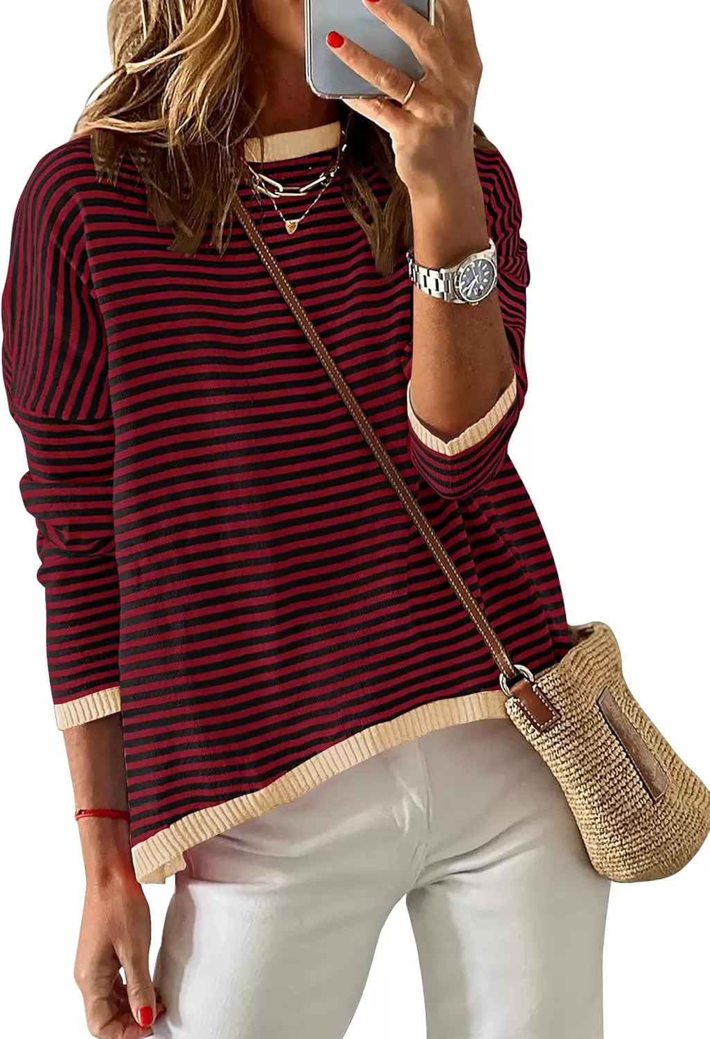 imageZESICA Womens 2024 Fall Striped Sweaters Long Sleeve Crew Neck Shirts Color Block Lightweight Pullover TopsWineblack
