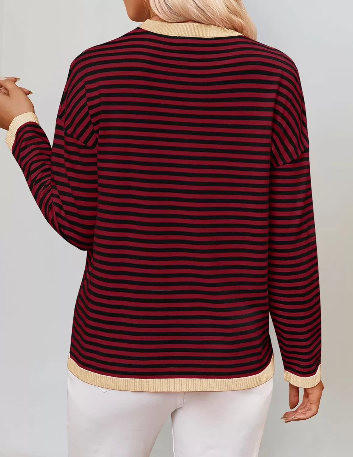 imageZESICA Womens 2024 Fall Striped Sweaters Long Sleeve Crew Neck Shirts Color Block Lightweight Pullover TopsWineblack