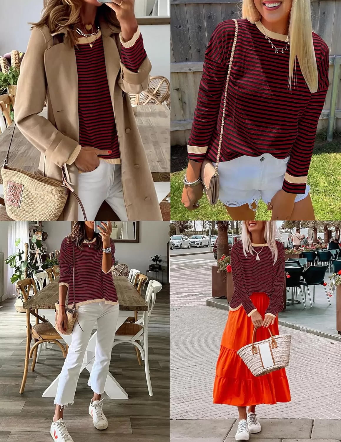 imageZESICA Womens 2024 Fall Striped Sweaters Long Sleeve Crew Neck Shirts Color Block Lightweight Pullover TopsWineblack