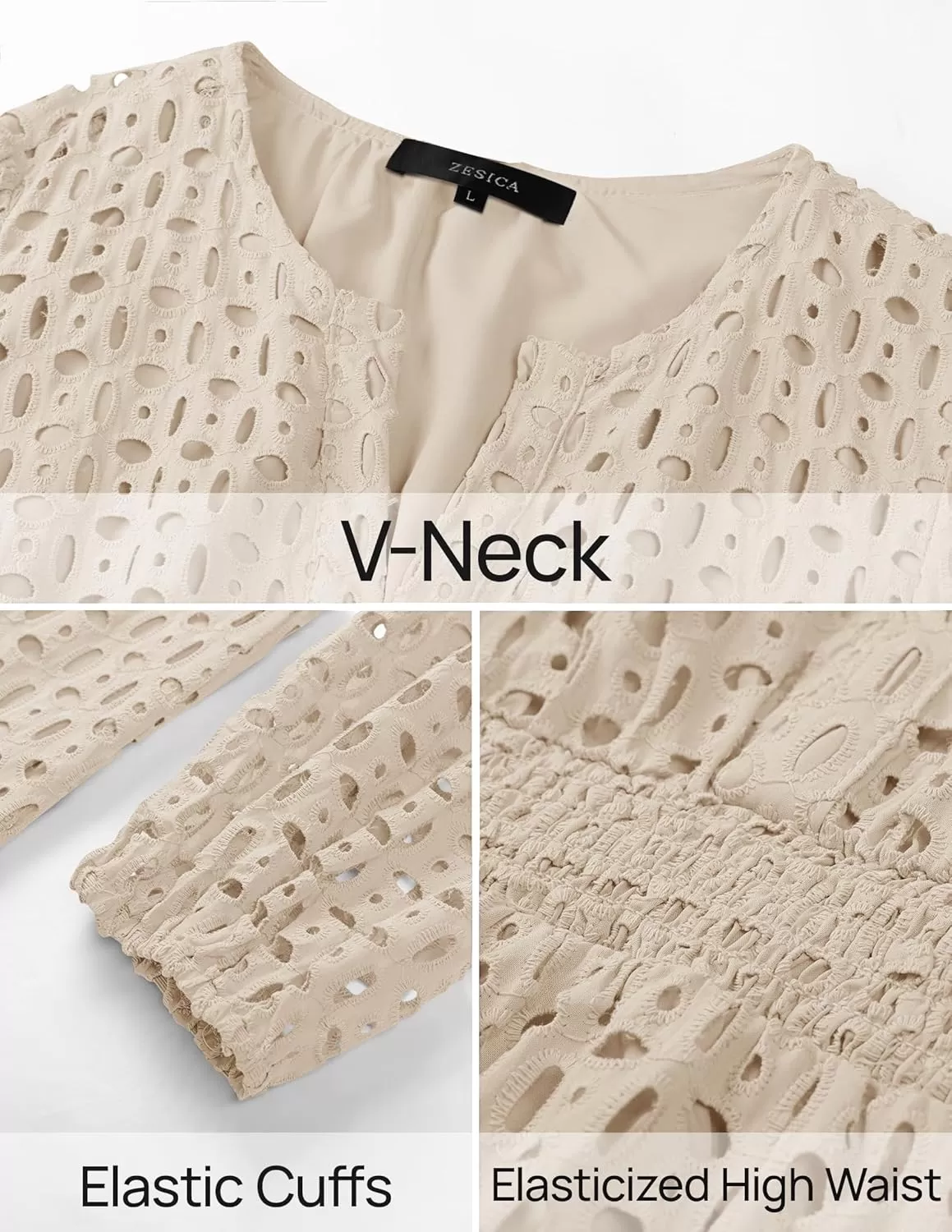 imageZESICA Womens 2024 Long Sleeve Mini Dress Fall V Neck Hollow Out Eyelet Embroidery Ruffle A Line Swing Short DressesApricot