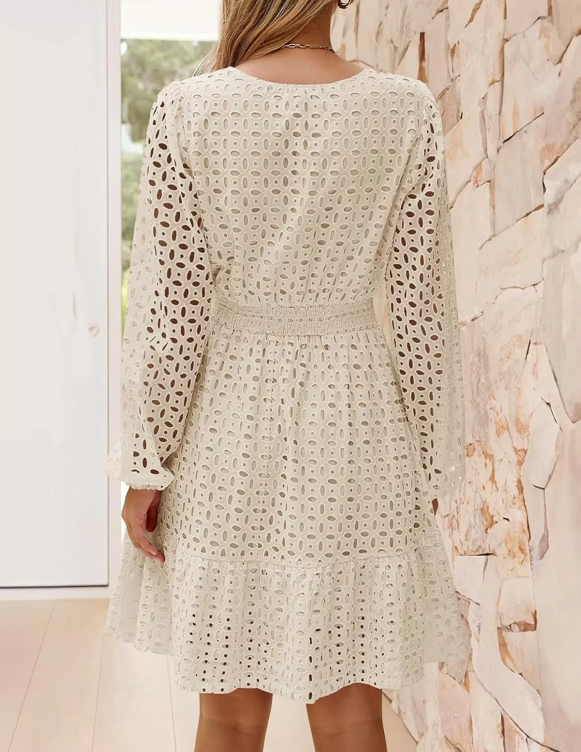 imageZESICA Womens 2024 Long Sleeve Mini Dress Fall V Neck Hollow Out Eyelet Embroidery Ruffle A Line Swing Short DressesApricot