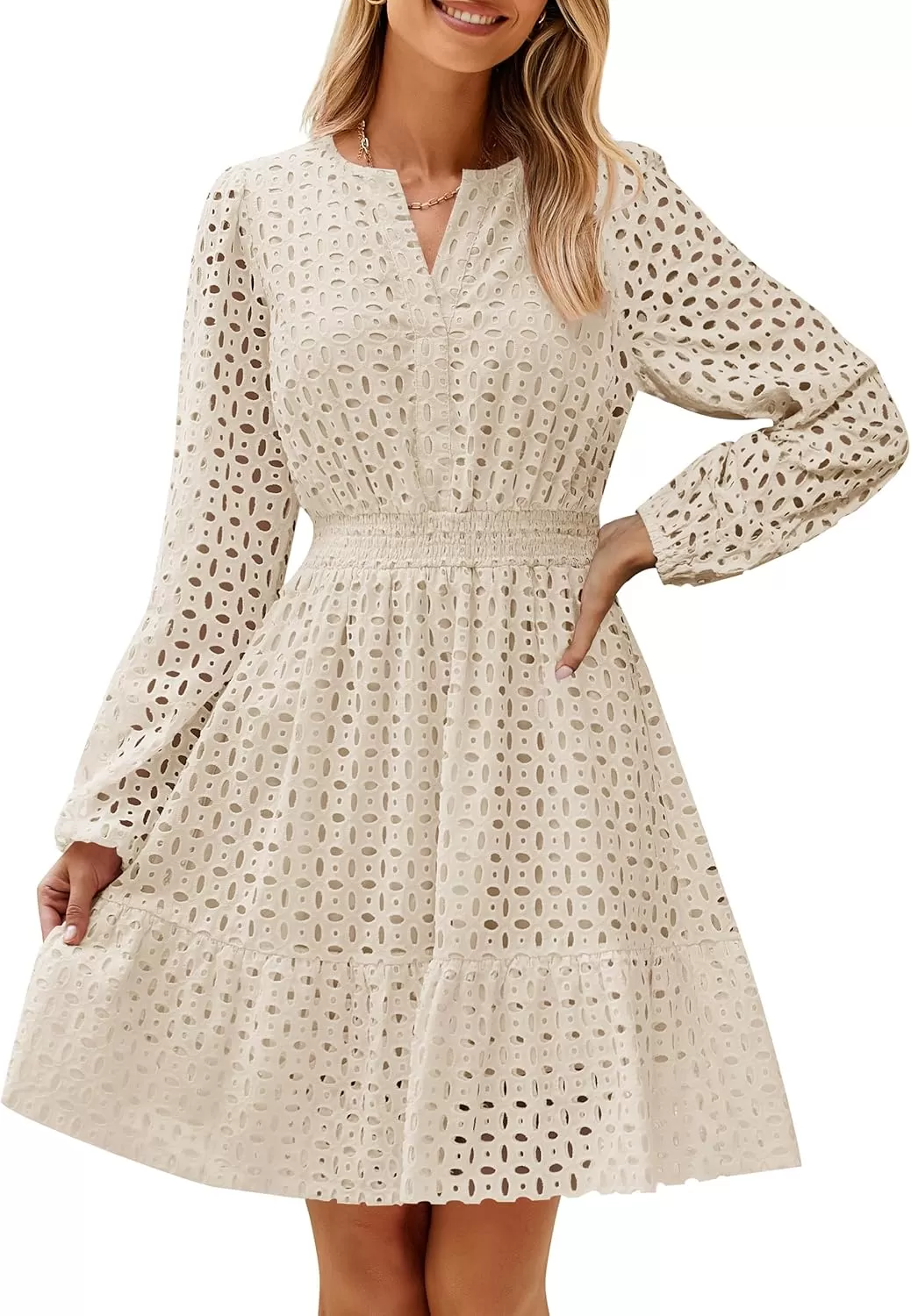 imageZESICA Womens 2024 Long Sleeve Mini Dress Fall V Neck Hollow Out Eyelet Embroidery Ruffle A Line Swing Short DressesApricot