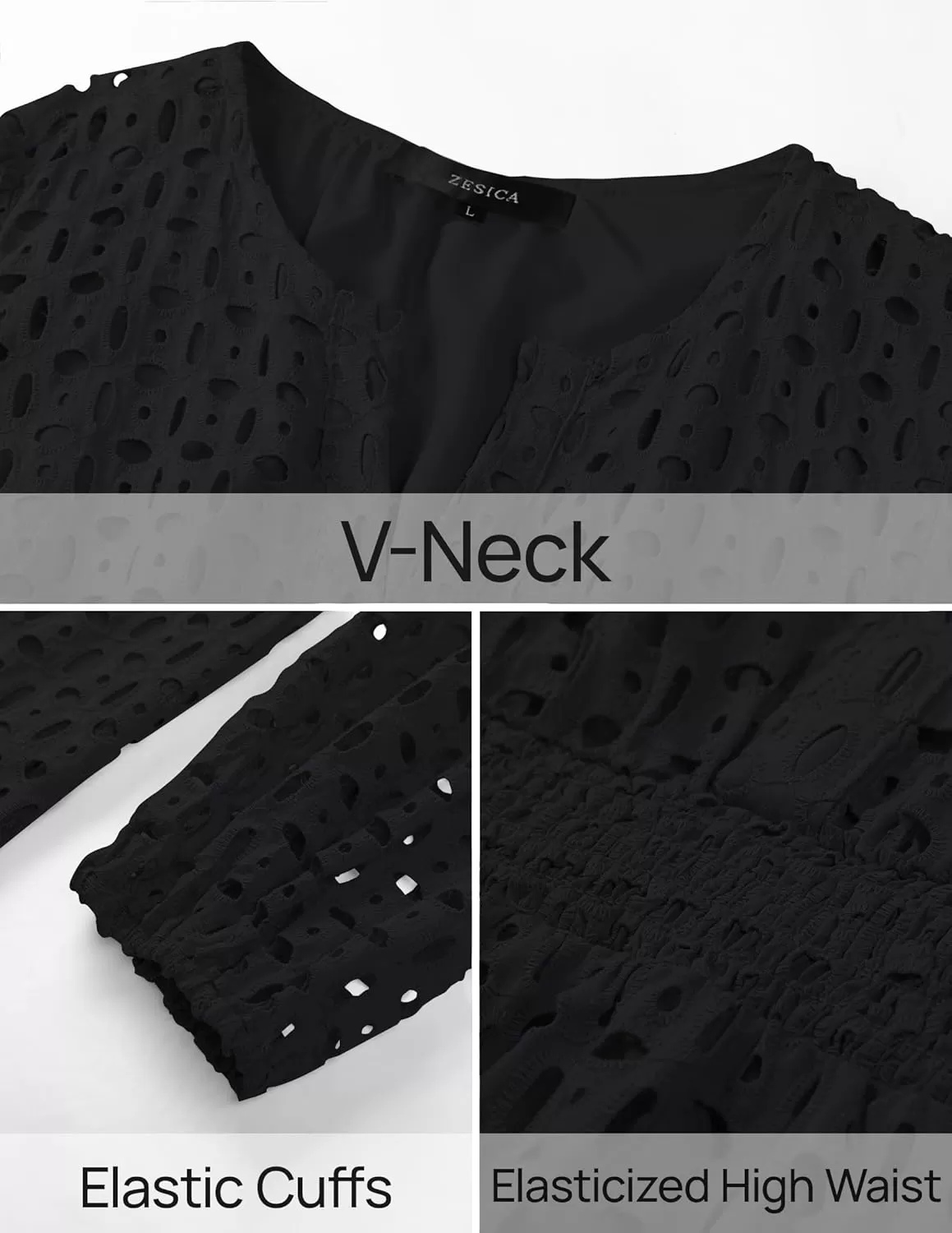 imageZESICA Womens 2024 Long Sleeve Mini Dress Fall V Neck Hollow Out Eyelet Embroidery Ruffle A Line Swing Short DressesBlack
